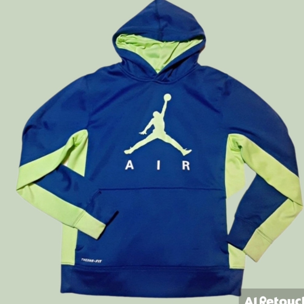 NIKE Jordan Therma Fit Poly Blue Green Fleece Sweatshirt Hoodie Youth Boys